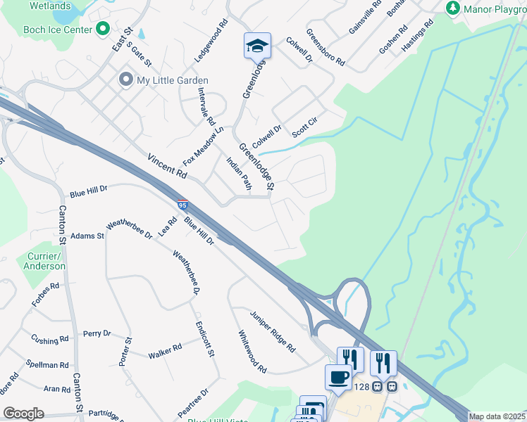 map of restaurants, bars, coffee shops, grocery stores, and more near 296 Vincent Road in Dedham