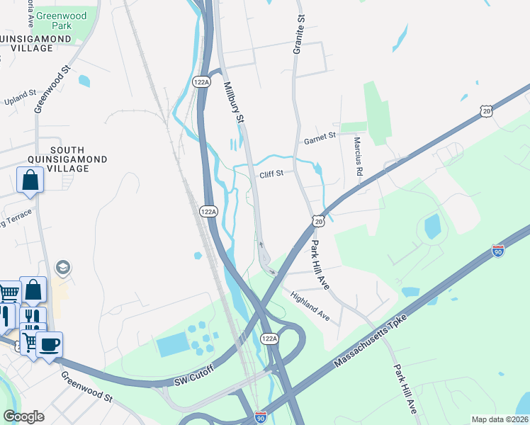 map of restaurants, bars, coffee shops, grocery stores, and more near 1271 Millbury Street in Worcester