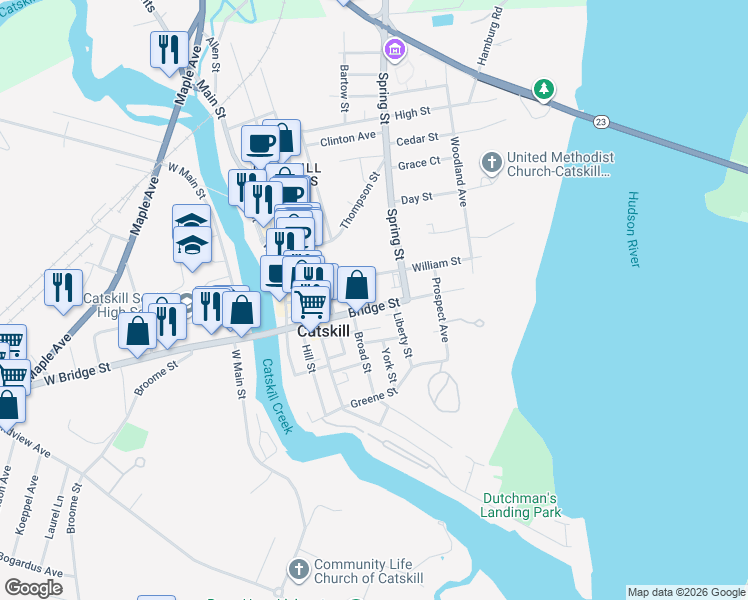 map of restaurants, bars, coffee shops, grocery stores, and more near 55 William Street in Catskill