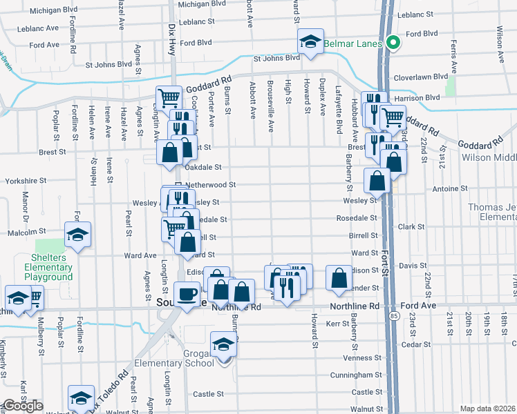 map of restaurants, bars, coffee shops, grocery stores, and more near 13415 Netherwood Street in Southgate