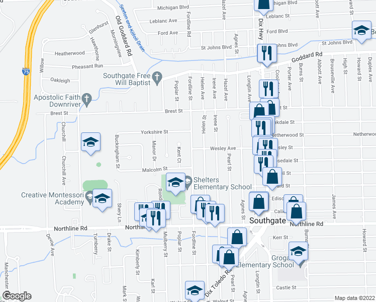 map of restaurants, bars, coffee shops, grocery stores, and more near 12328 Fordline St in Southgate