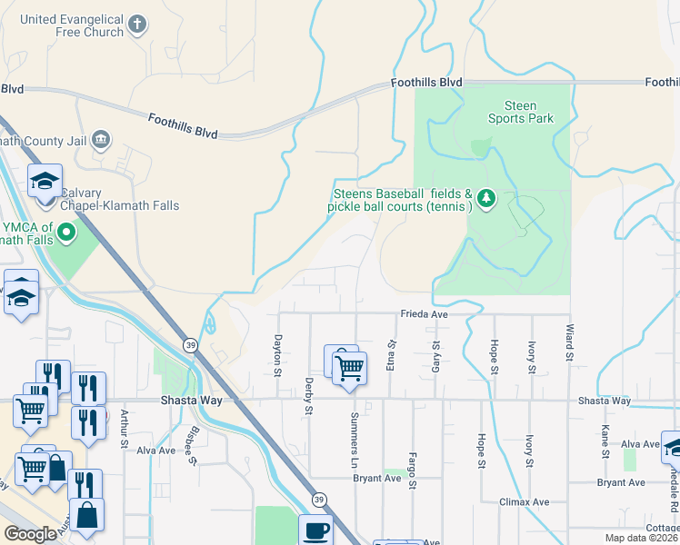 map of restaurants, bars, coffee shops, grocery stores, and more near 4170 Adelaide Avenue in Klamath Falls