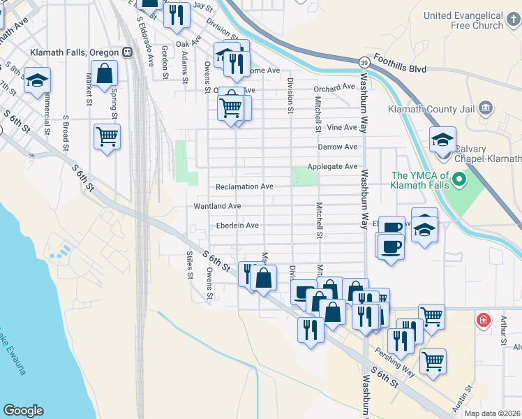 map of restaurants, bars, coffee shops, grocery stores, and more near 1208 Martin Street in Klamath Falls