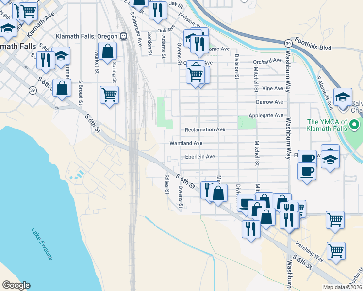 map of restaurants, bars, coffee shops, grocery stores, and more near 1124 Owens Street in Klamath Falls