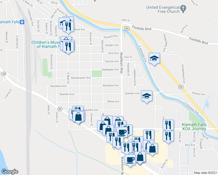 map of restaurants, bars, coffee shops, grocery stores, and more near 2430 Wantland Avenue in Klamath Falls