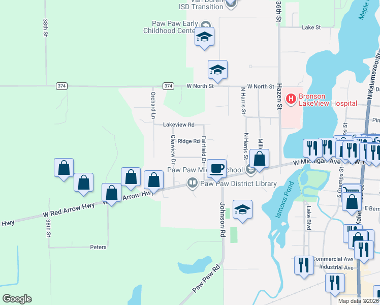 map of restaurants, bars, coffee shops, grocery stores, and more near 605 Ridge Road in Paw Paw