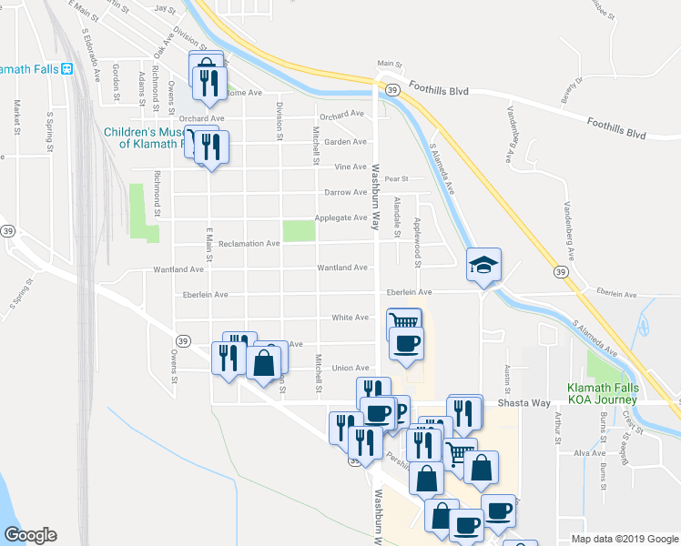 map of restaurants, bars, coffee shops, grocery stores, and more near 2442 Wantland Avenue in Klamath Falls