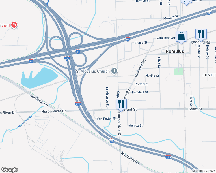 map of restaurants, bars, coffee shops, grocery stores, and more near 11338 Ozga Street in Romulus