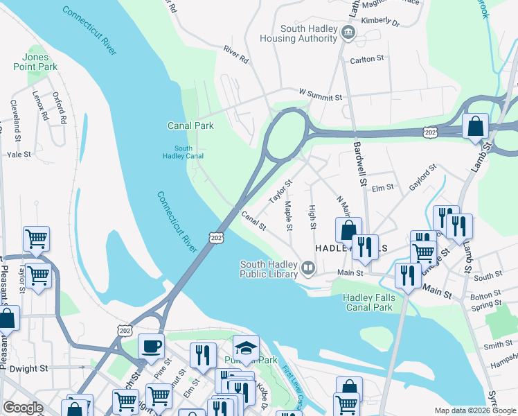 map of restaurants, bars, coffee shops, grocery stores, and more near 4 Taylor Street in South Hadley
