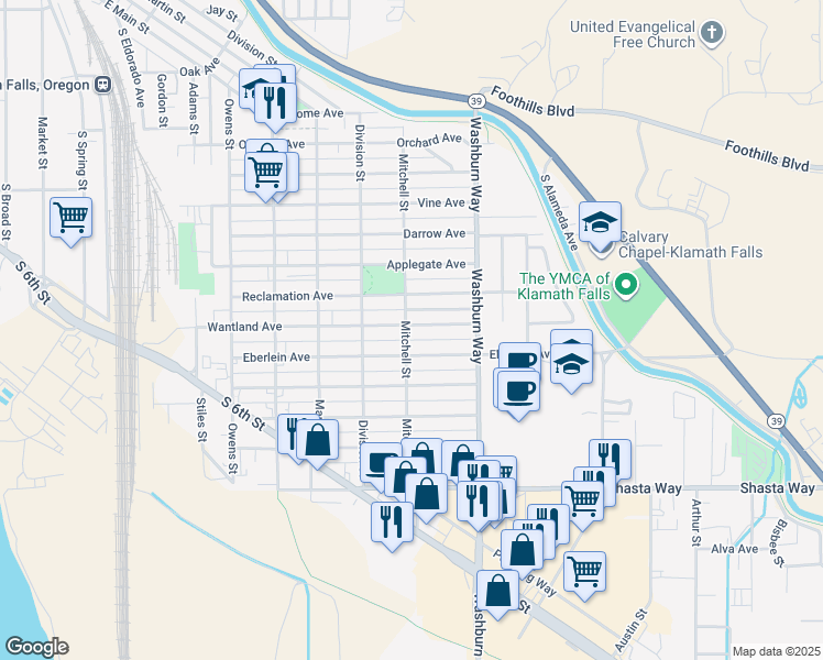 map of restaurants, bars, coffee shops, grocery stores, and more near 2427 Wantland Avenue in Klamath Falls