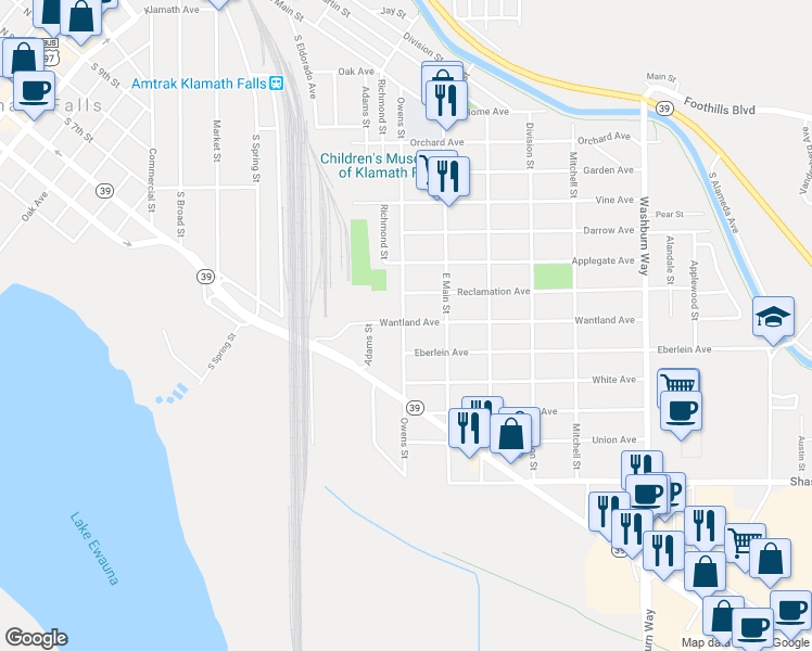 map of restaurants, bars, coffee shops, grocery stores, and more near 1124 Owens Street in Klamath Falls