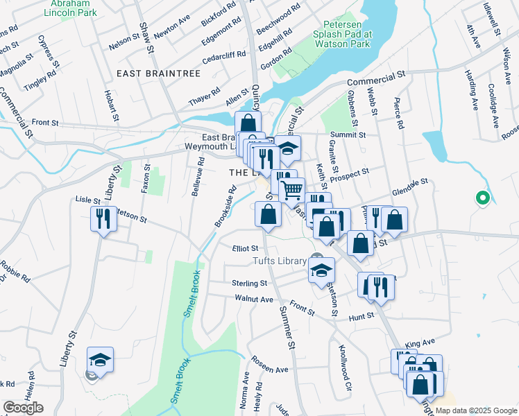 map of restaurants, bars, coffee shops, grocery stores, and more near 20 Brookside Road in Braintree