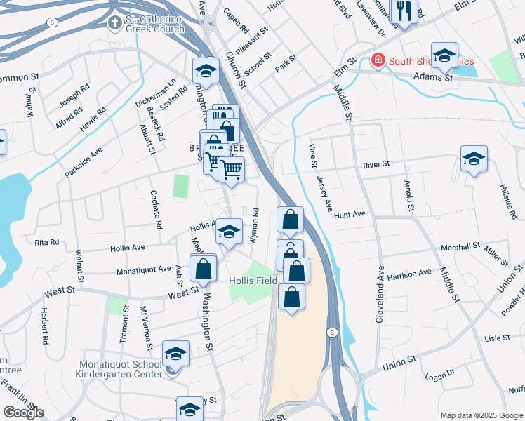 map of restaurants, bars, coffee shops, grocery stores, and more near 20 Wyman Road in Braintree