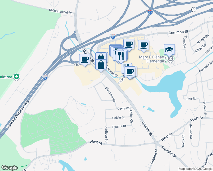 map of restaurants, bars, coffee shops, grocery stores, and more near 309 Granite Street in Braintree