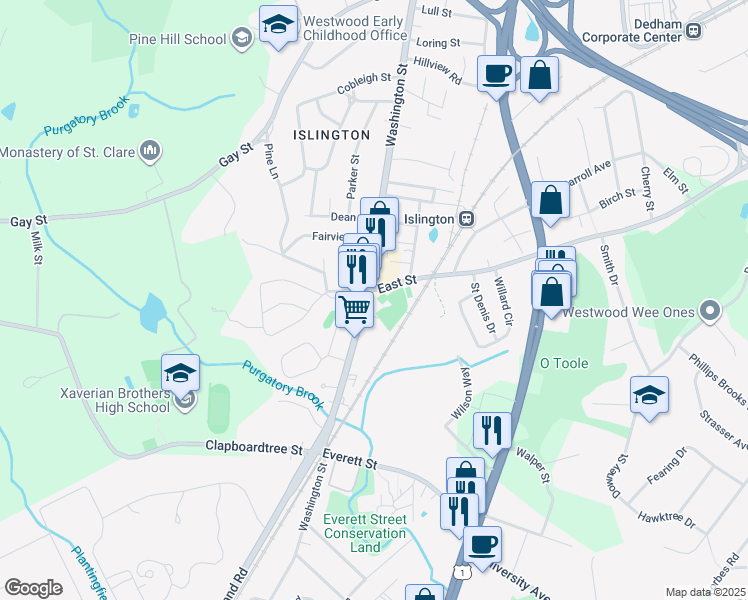 map of restaurants, bars, coffee shops, grocery stores, and more near 291 Washington Street in Westwood