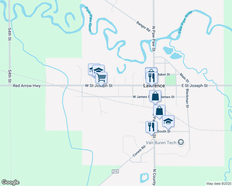 map of restaurants, bars, coffee shops, grocery stores, and more near 437 West Saint Joseph Street in Lawrence