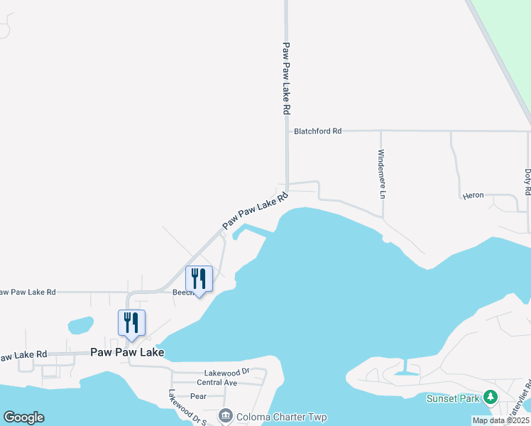 map of restaurants, bars, coffee shops, grocery stores, and more near 6049 Paw Paw Lake Road in Coloma