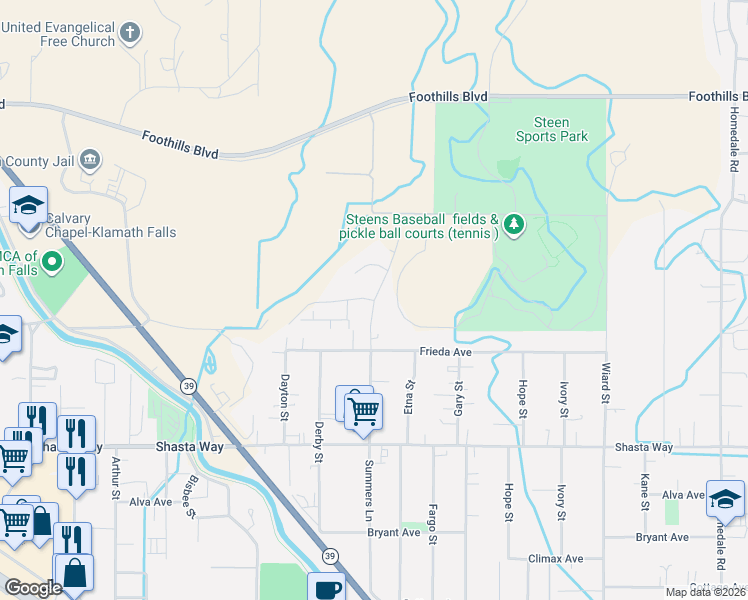 map of restaurants, bars, coffee shops, grocery stores, and more near Summers Lane & Adelaide Avenue in Klamath Falls