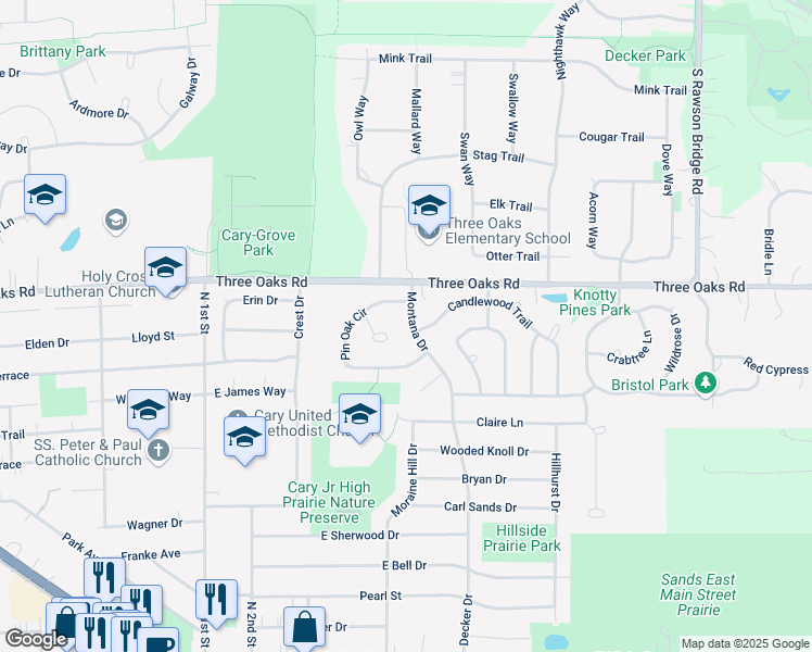 map of restaurants, bars, coffee shops, grocery stores, and more near 914 Montana Drive in Cary
