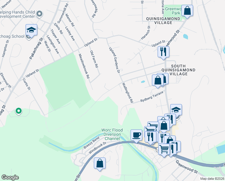 map of restaurants, bars, coffee shops, grocery stores, and more near 94 Southold Road in Worcester