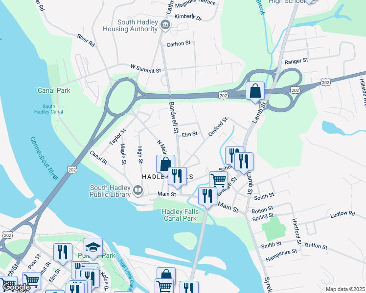map of restaurants, bars, coffee shops, grocery stores, and more near 41 Bardwell Street in South Hadley