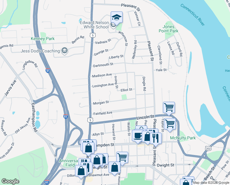 map of restaurants, bars, coffee shops, grocery stores, and more near 47 Elliot Street in Holyoke