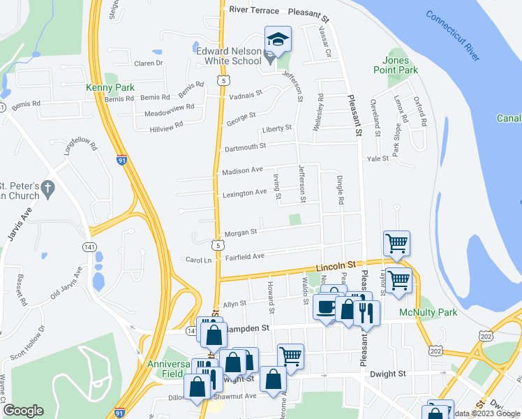 map of restaurants, bars, coffee shops, grocery stores, and more near 62 Lexington Avenue in Holyoke