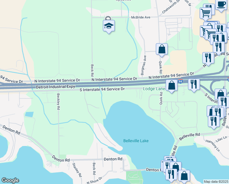 map of restaurants, bars, coffee shops, grocery stores, and more near 47001 Waters Edge Lane in Van Buren Charter Township