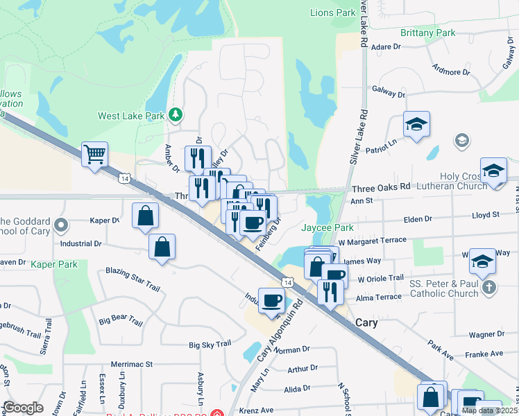 map of restaurants, bars, coffee shops, grocery stores, and more near 2 Bright Oaks Circle in Cary