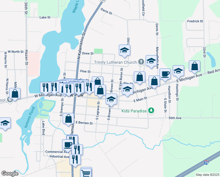map of restaurants, bars, coffee shops, grocery stores, and more near 210 North Brown Street in Paw Paw