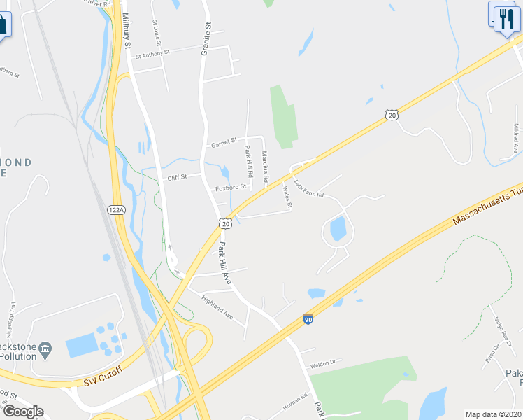 map of restaurants, bars, coffee shops, grocery stores, and more near 23A B Wales Street in Millbury