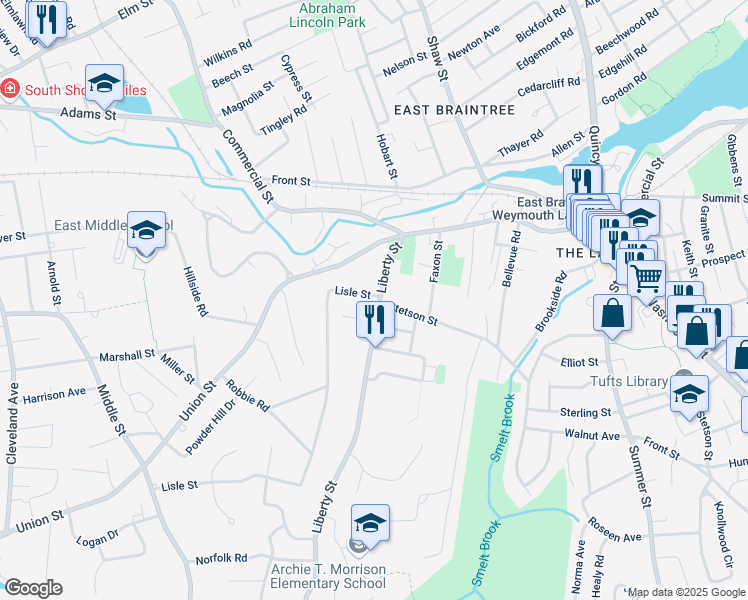 map of restaurants, bars, coffee shops, grocery stores, and more near 55 Liberty Street in Braintree