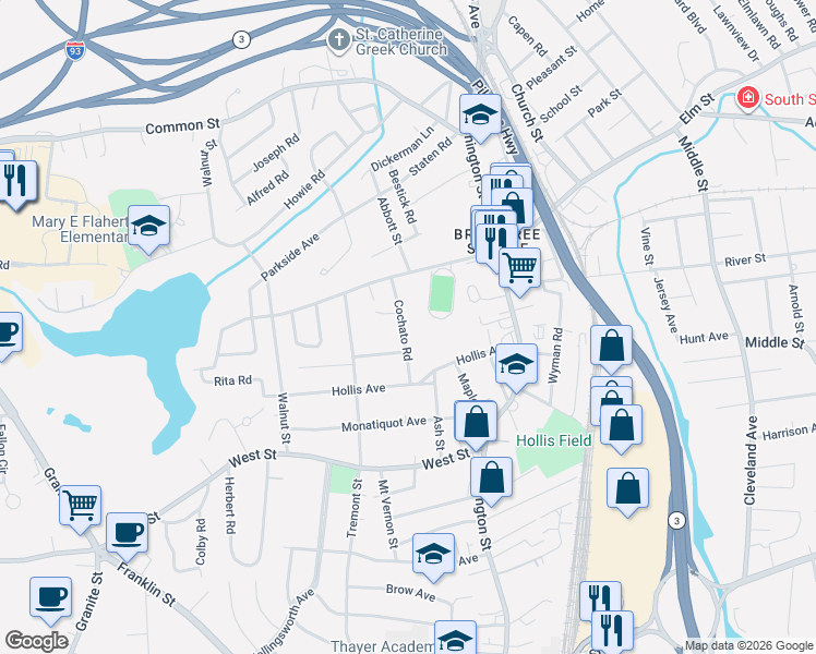 map of restaurants, bars, coffee shops, grocery stores, and more near 63 Cochato Road in Braintree