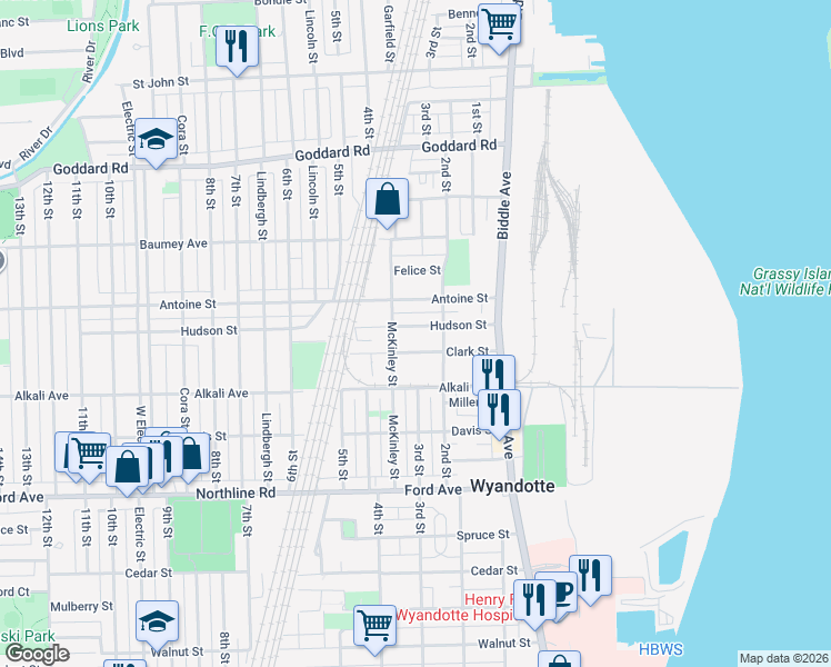 map of restaurants, bars, coffee shops, grocery stores, and more near 268 Hudson Street in Wyandotte