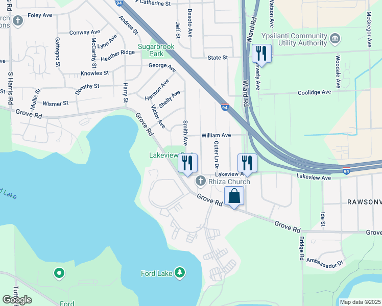 map of restaurants, bars, coffee shops, grocery stores, and more near 1856 Emerson Avenue in Ypsilanti