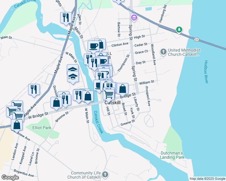 map of restaurants, bars, coffee shops, grocery stores, and more near 23 Franklin Street in Catskill