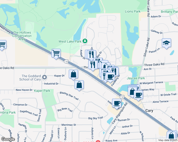 map of restaurants, bars, coffee shops, grocery stores, and more near 750 Northwest Hwy in Cary
