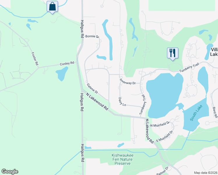 map of restaurants, bars, coffee shops, grocery stores, and more near 7585 Vida Avenue in Village of Lakewood