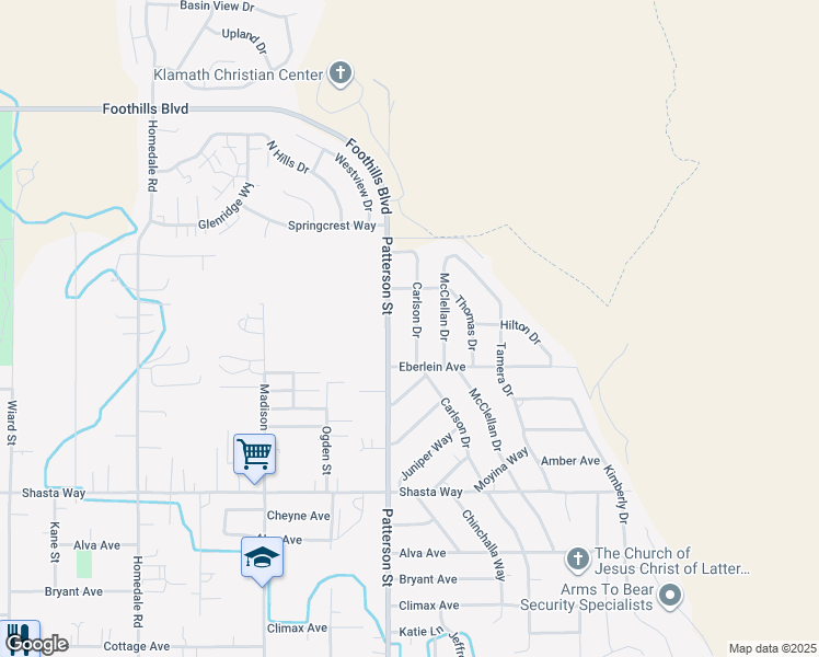 map of restaurants, bars, coffee shops, grocery stores, and more near 1125 Carlson Drive in Klamath Falls