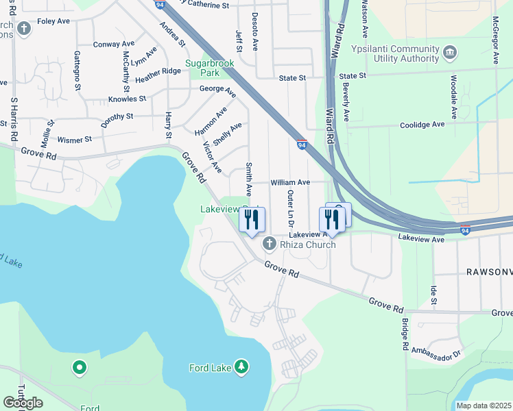 map of restaurants, bars, coffee shops, grocery stores, and more near 1856 Emerson Avenue in Ypsilanti