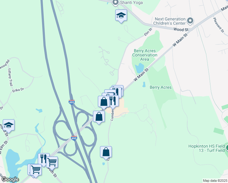 map of restaurants, bars, coffee shops, grocery stores, and more near 61 Elm Street in Hopkinton