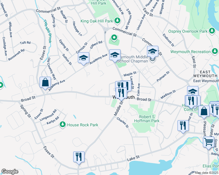map of restaurants, bars, coffee shops, grocery stores, and more near Center Street in Weymouth