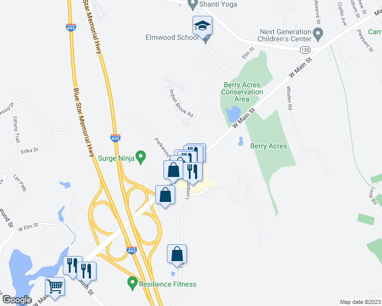 map of restaurants, bars, coffee shops, grocery stores, and more near 61 Elm Street in Hopkinton