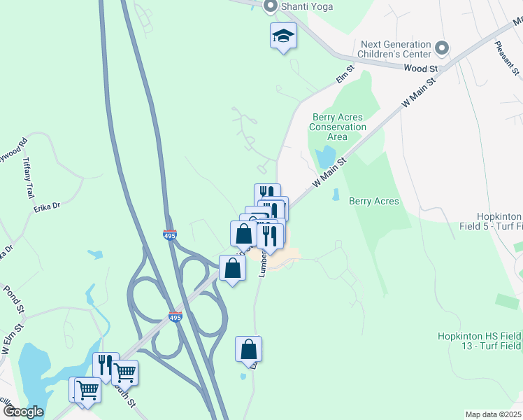 map of restaurants, bars, coffee shops, grocery stores, and more near 68 Elm Street in Hopkinton