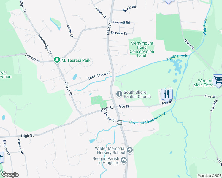 map of restaurants, bars, coffee shops, grocery stores, and more near 566 Main Street in Hingham