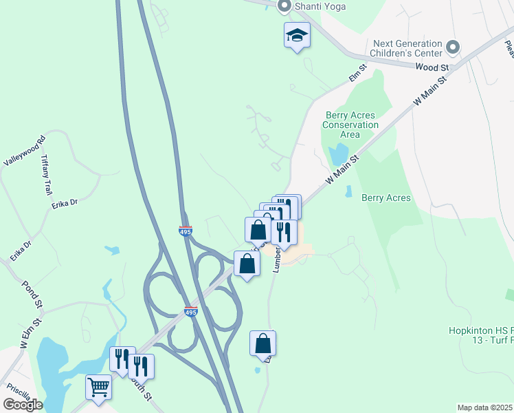 map of restaurants, bars, coffee shops, grocery stores, and more near 68 Elm Street in Hopkinton