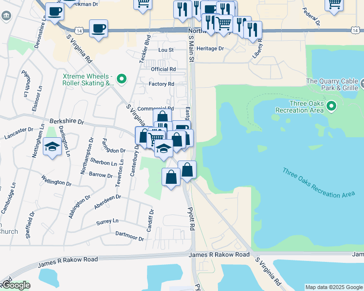 map of restaurants, bars, coffee shops, grocery stores, and more near 93 Berkshire Drive in Crystal Lake