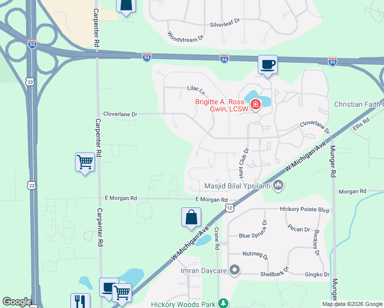 map of restaurants, bars, coffee shops, grocery stores, and more near 4641 Lilac Lane in Ypsilanti