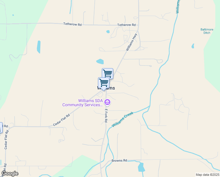 map of restaurants, bars, coffee shops, grocery stores, and more near 20691 Williams Highway in Williams