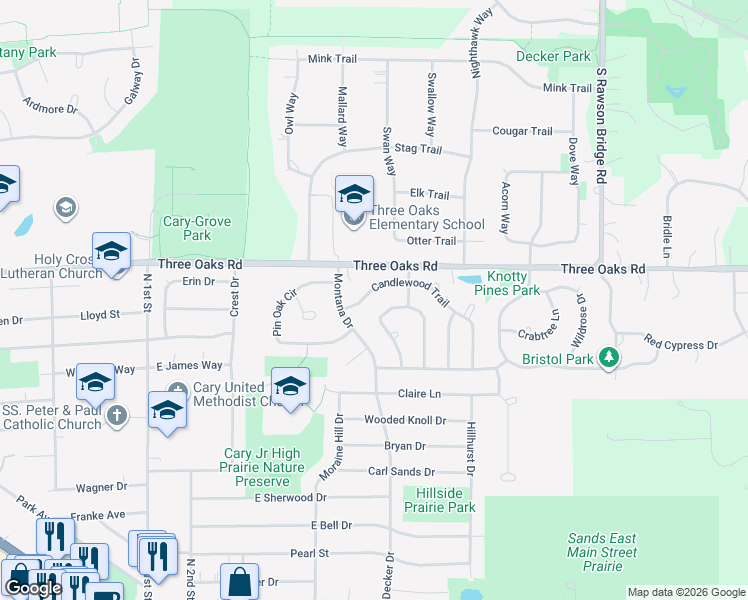 map of restaurants, bars, coffee shops, grocery stores, and more near 317 Candlewood Trail in Cary